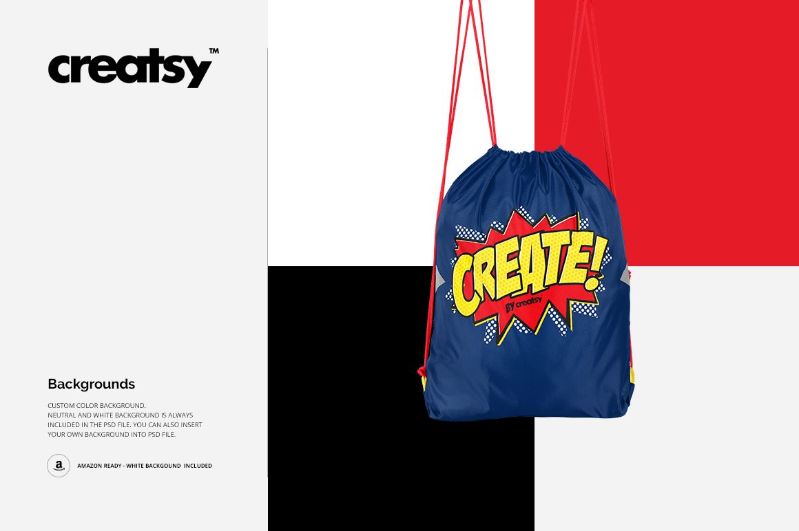 Front view of a blue drawstring backpack mockup with red strings and a bold graphic design, hanging against color blocks.