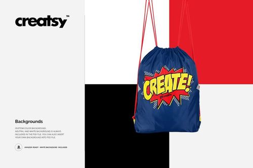 Front view of a blue drawstring backpack mockup with red strings and a bold graphic design, hanging against color blocks.