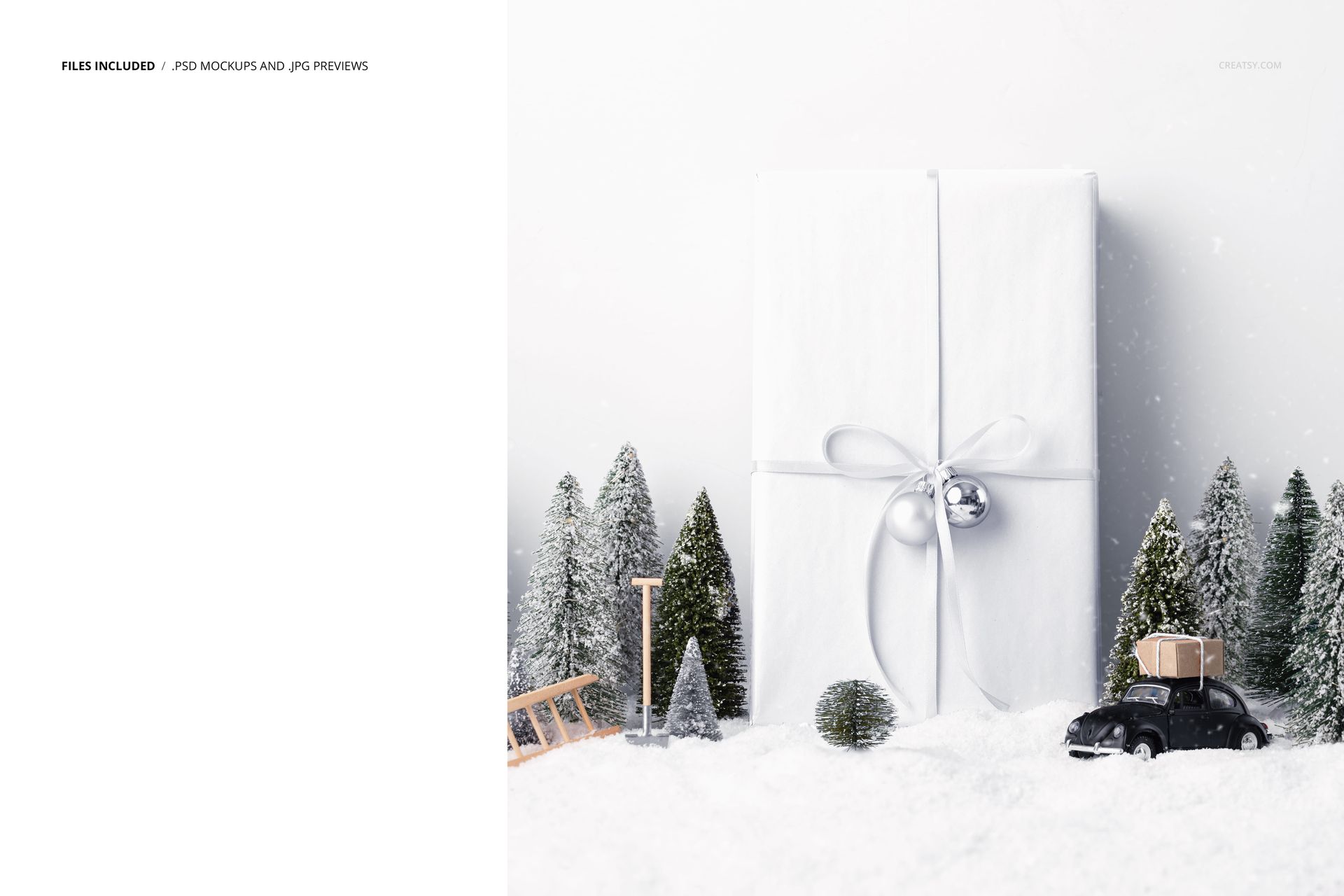 Christmas gift mockup featuring a white box with silver bow, set among small pine trees and snow-covered props.