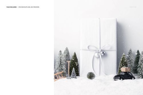 Christmas gift mockup featuring a white box with silver bow, set among small pine trees and snow-covered props.