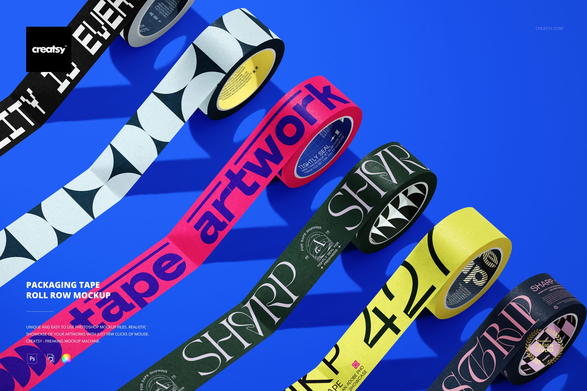 Colorful packaging tape roll mockup showing five tapes with unique prints and bold graphics, top view perspective.