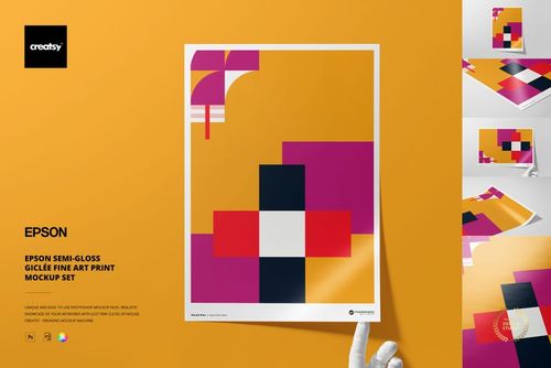 A3 fine art print mockup featuring a colorful geometric abstract design, displayed against a solid orange background.