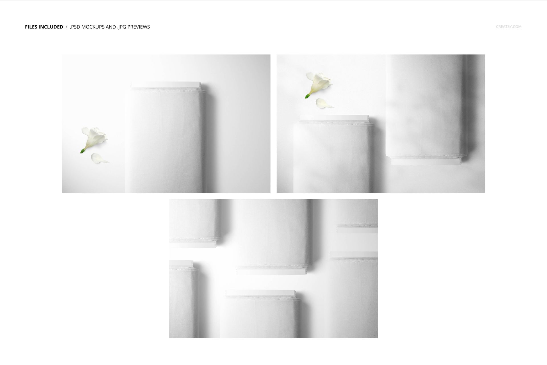Fabric bolt mockup set showing multiple rectangular fabric bolts in white, arranged on a light background with a flower.
