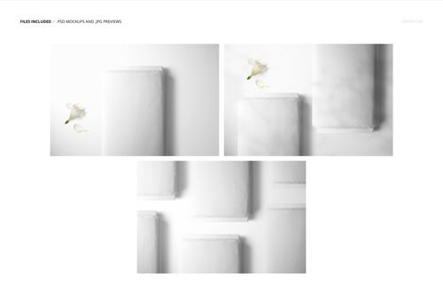 Fabric bolt mockup set showing multiple rectangular fabric bolts in white, arranged on a light background with a flower.