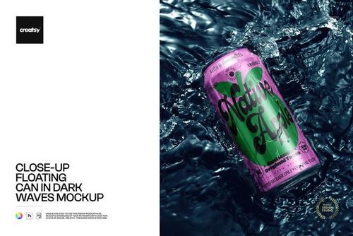 Pink beverage can with bold green lettering floating in dark waves, shown in a realistic PSD mockup scene.
