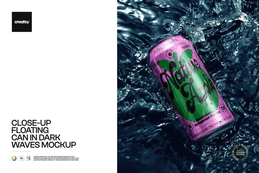 Pink beverage can with bold green lettering floating in dark waves, shown in a realistic PSD mockup scene.