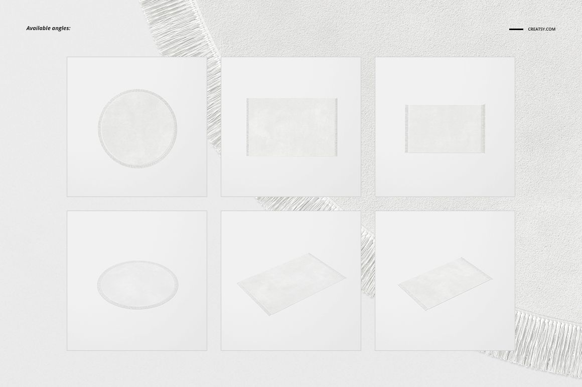 Various mockup angles of a Persian fringed carpet in white, including round, rectangular, and oval shapes on a light background.