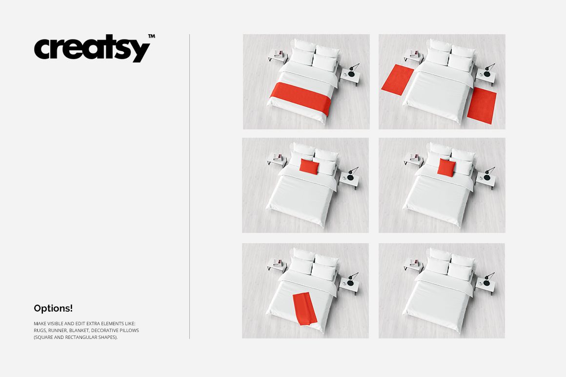 Bedding mockup set featuring a bed with white sheets, pillows, and blanket in a bright bedroom, shown from a top view.