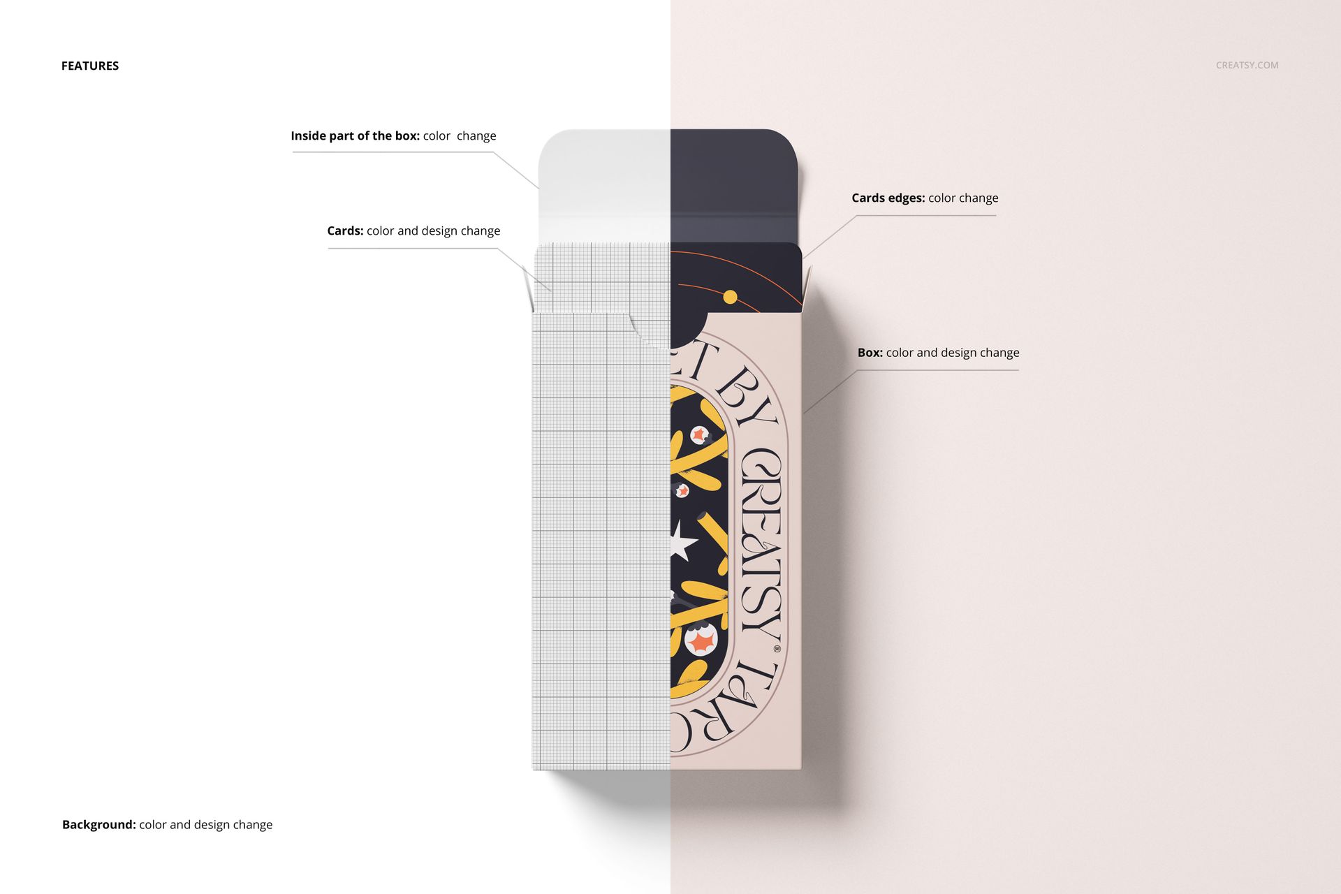 Mockup of tarot cards in a rectangular box, split-screen showing different design and color customization features.
