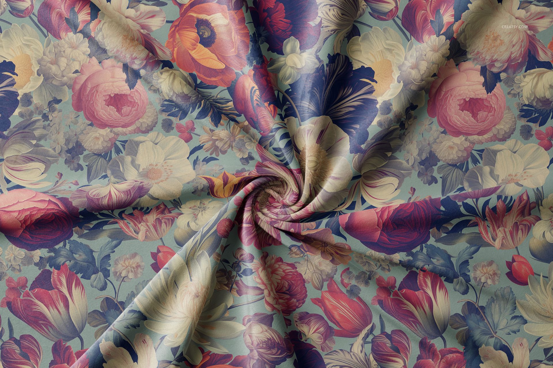 Polyester velvet fabric mockup featuring a swirling arrangement with a floral pattern in pink, cream, and blue tones.