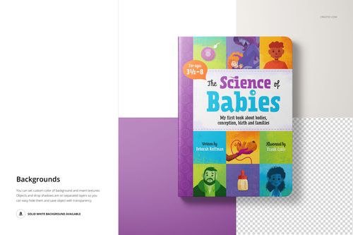Front view of a board book mockup featuring a vibrant cover design with various baby-themed illustrations.
