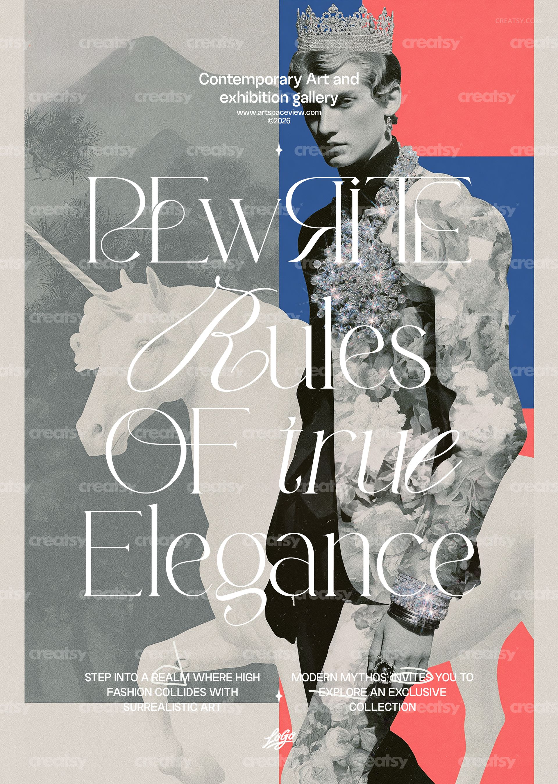 PSD mockup of a gallery poster with a stylized person wearing a crown, white unicorn, and abstract color blocks.