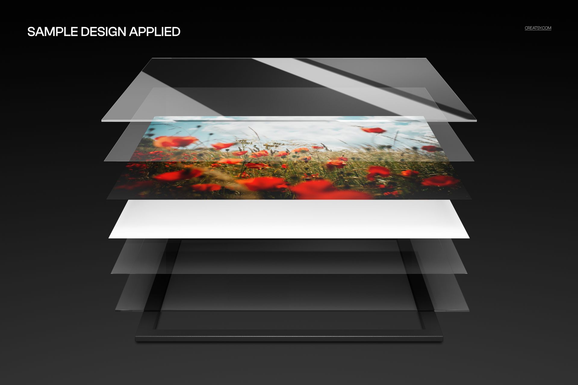 Exploded view of an acrylic photo print mockup showing layered glossy panels with a floral landscape design.