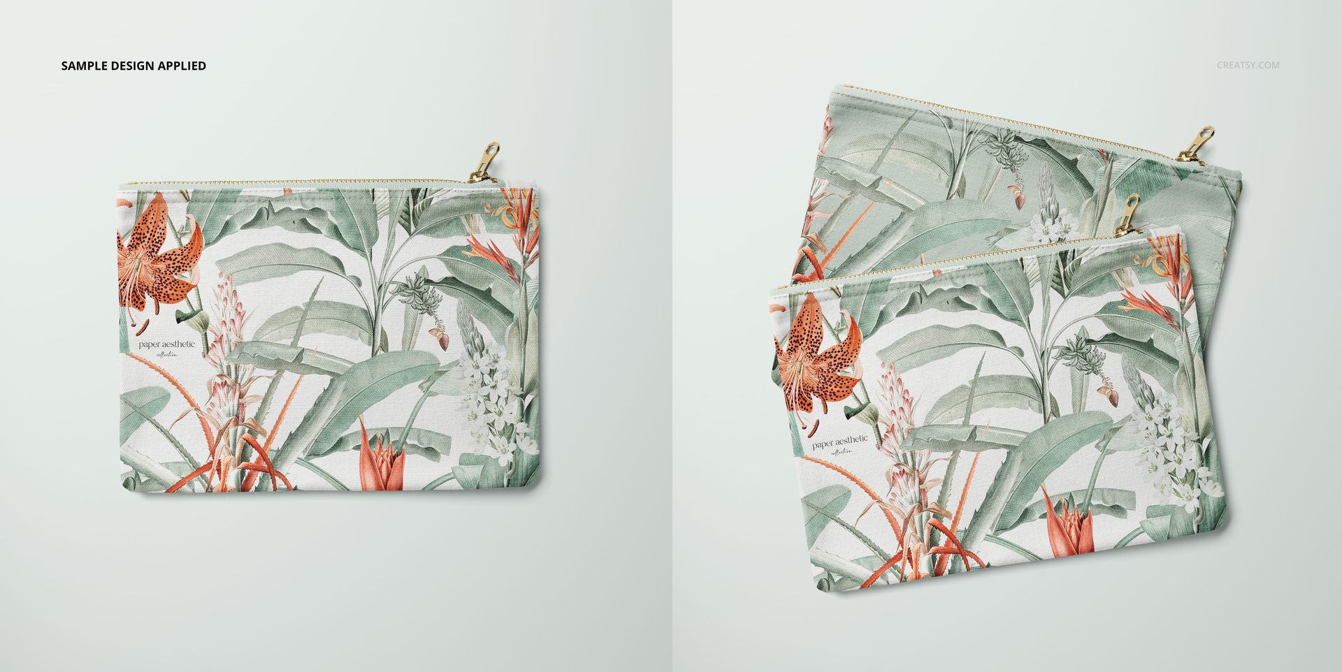 PSD mockup set of canvas pouches with zipper, decorated with a nature-inspired pattern, viewed from above and front.