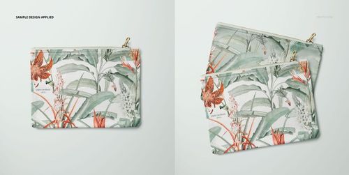 PSD mockup set of canvas pouches with zipper, decorated with a nature-inspired pattern, viewed from above and front.