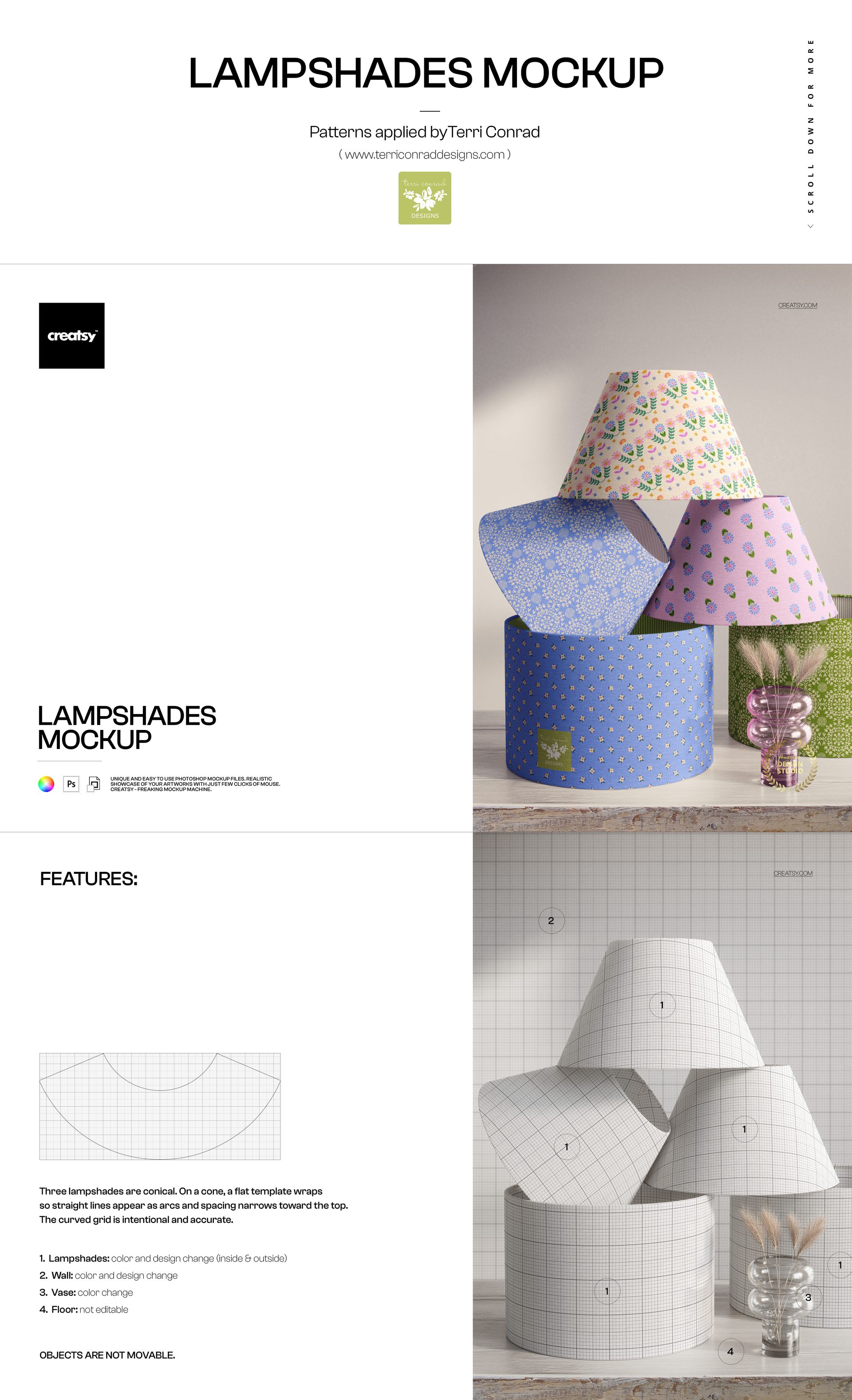 Front view of five lampshades in various shapes and sizes, featuring colorful patterns and plain grid mockup designs.