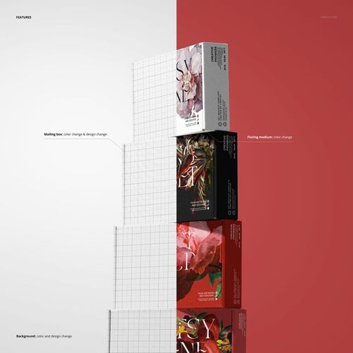 PSD mockup displaying a vertical arrangement of packaging boxes with floral and graphic prints, divided background in red and white.