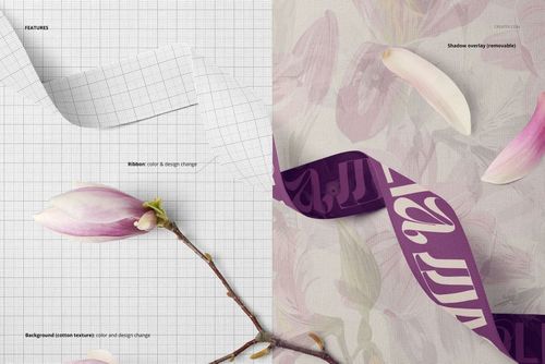 Cotton ribbon lying on cotton fabric, featuring a grid pattern and floral elements, shown in a split view mockup.