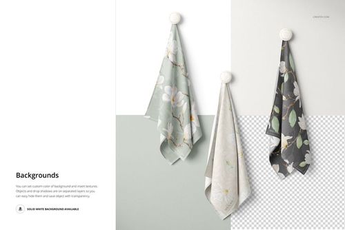 PSD mockup showing three draped fabrics with botanical designs, each suspended against a divided white and gray backdrop.