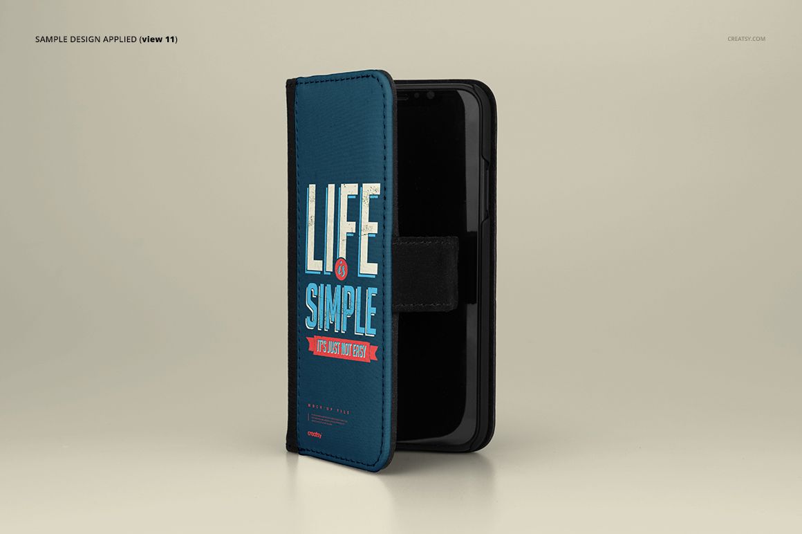 Foldable iPhone X case mockup in upright position, featuring blue cover with white and red text design on a plain background.