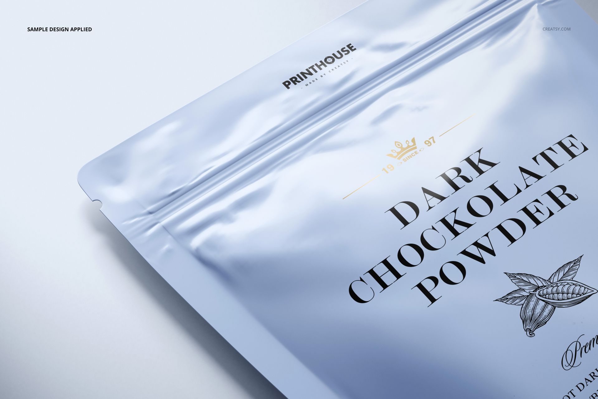 Glossy packaging pouch mockup featuring zip lock closure, metallic finish, and dark text design, angled from the front.