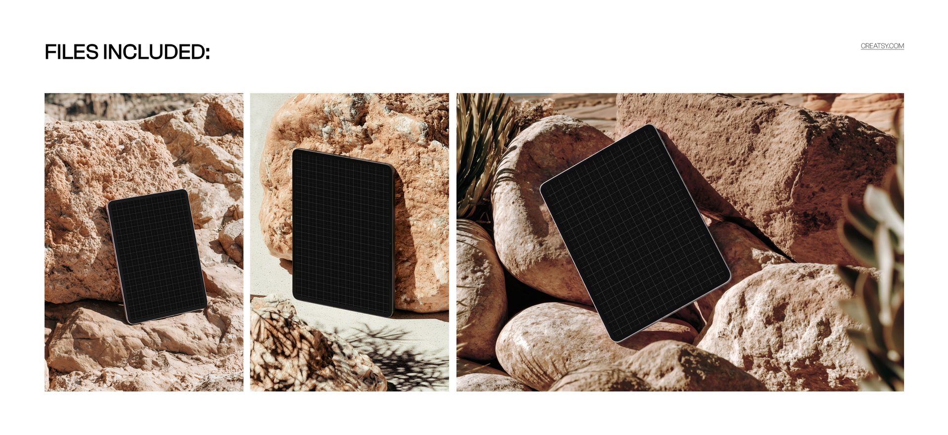 PSD mockup of a tablet with dark screen leaning on textured rocks, photographed in natural daylight from three perspectives.