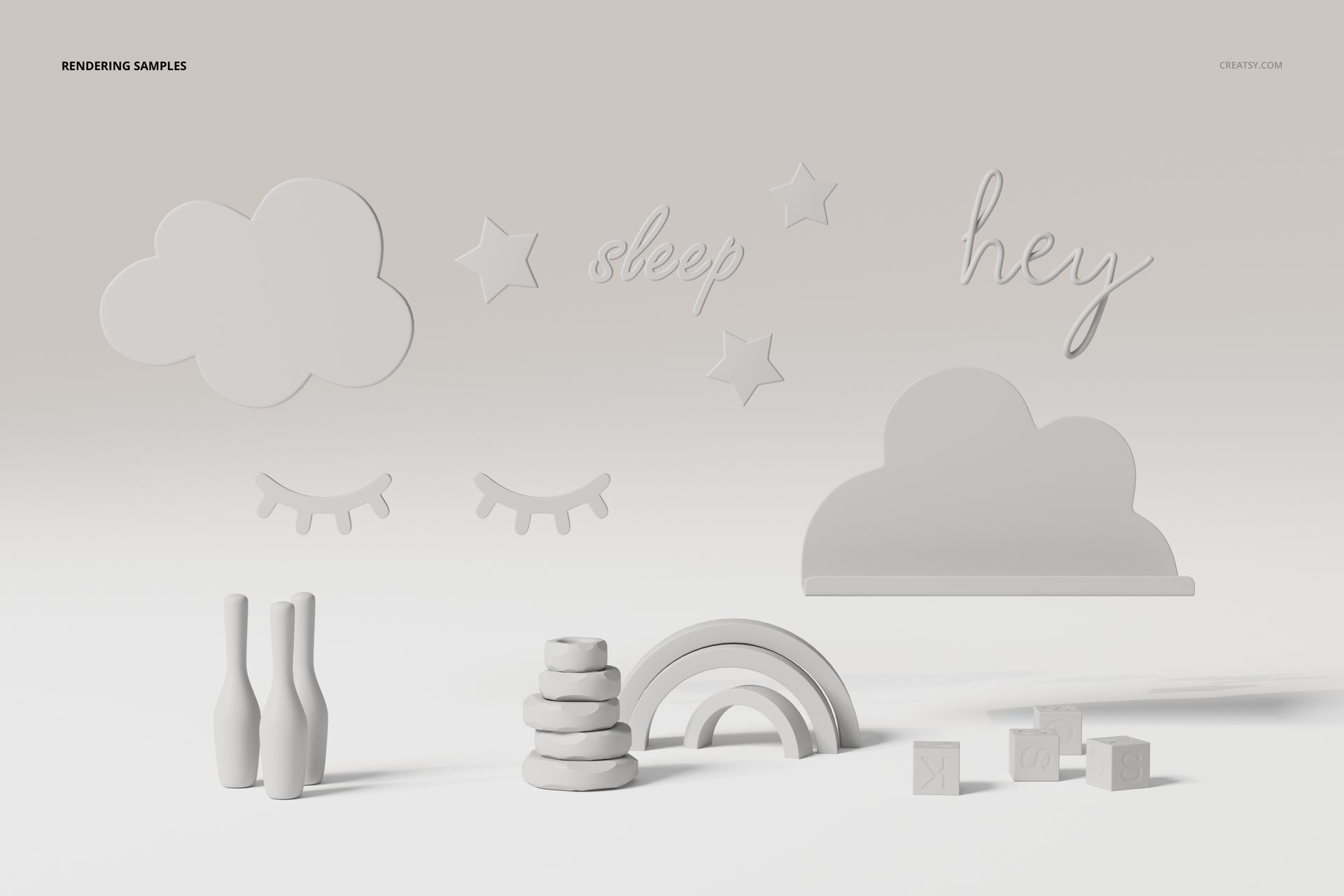 Front view of nursery decor 3D models including clouds, stars, rainbow, bottles, blocks, and text shapes on a white background.