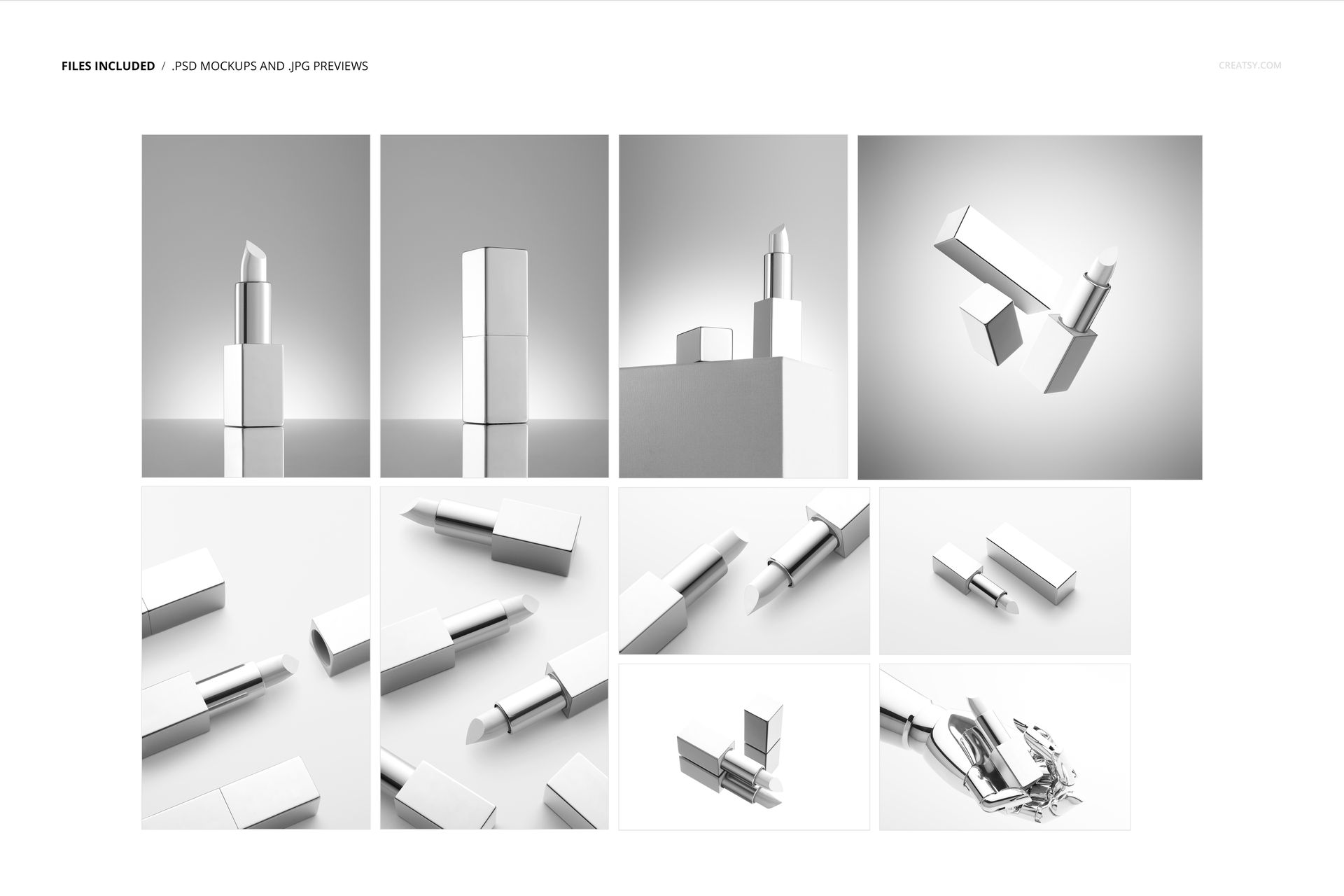 Set of classic lipstick mockups in various arrangements, including open and closed cases, boxes, and mannequin hand.