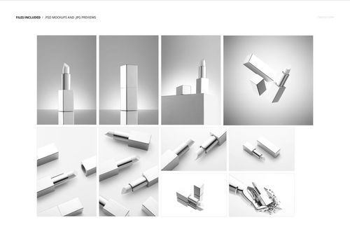 Set of classic lipstick mockups in various arrangements, including open and closed cases, boxes, and mannequin hand.