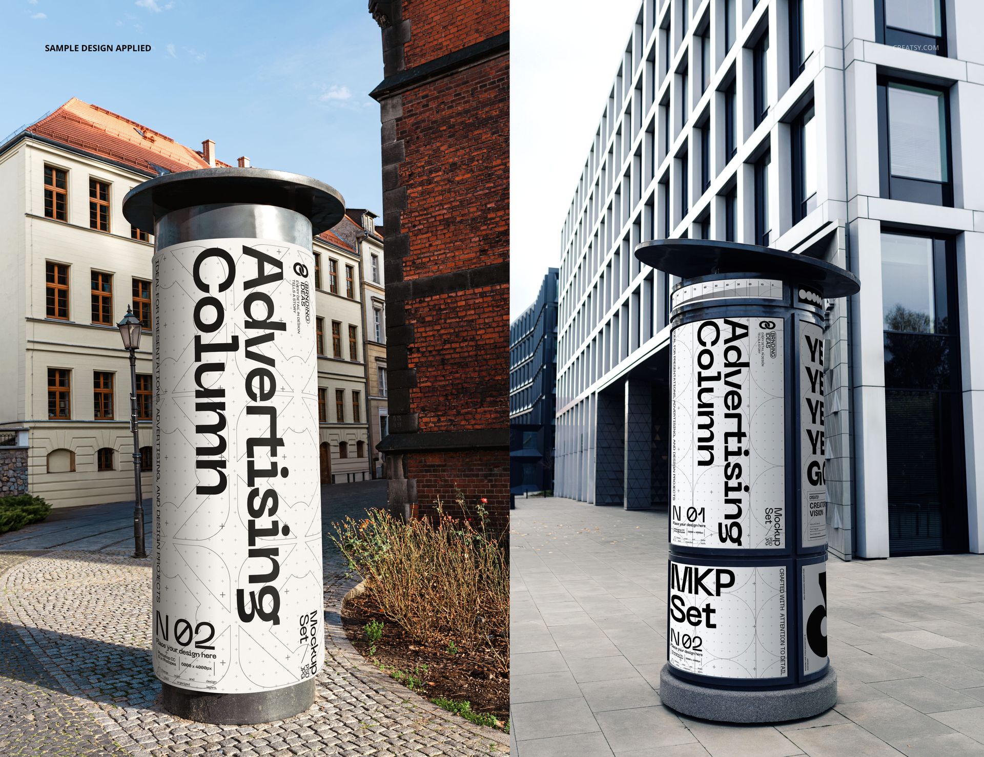 Advertising column mockup with black and white vertical posters displayed outdoors near buildings on a sunny day.