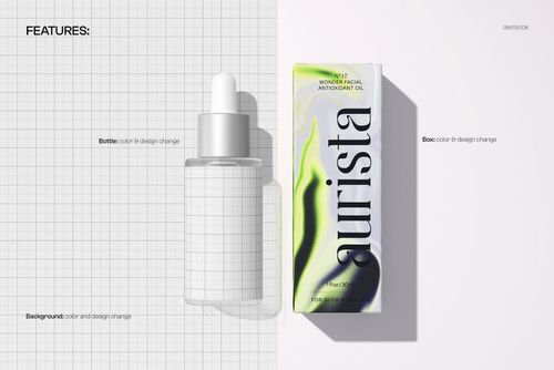 Front view of a dropper bottle and rectangular carton box mockup on a split background, with customizable designs.
