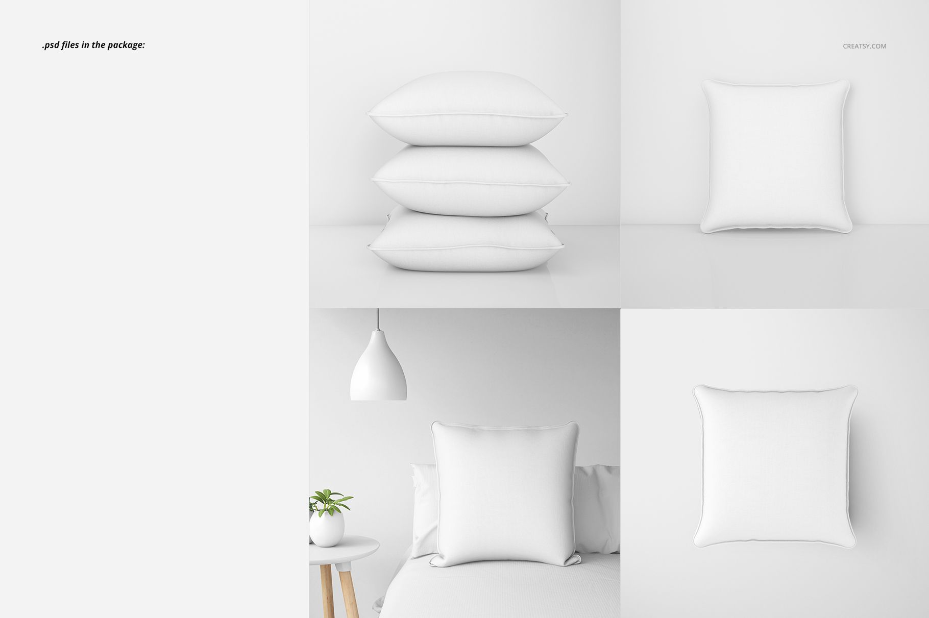 PSD mockup of piping cushions featuring plain white fabric, arranged on a bed and stacked, with a plant and lamp nearby.