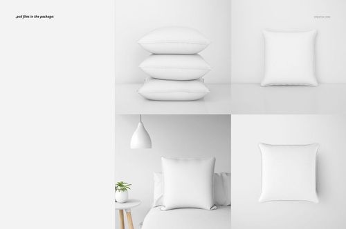 PSD mockup of piping cushions featuring plain white fabric, arranged on a bed and stacked, with a plant and lamp nearby.
