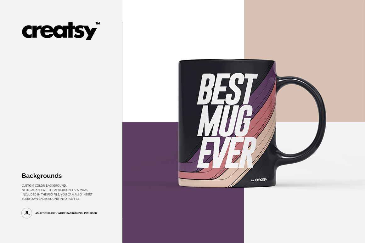 Front view of an 11oz mug mockup with multicolor stripes and large white lettering, placed on a geometric backdrop.