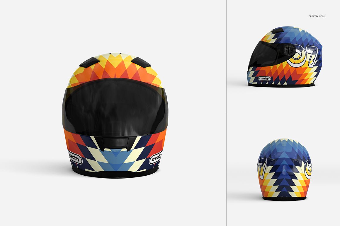 Front and side views of a motorcycle helmet with a geometric, multicolor pattern in a PSD mockup scene.