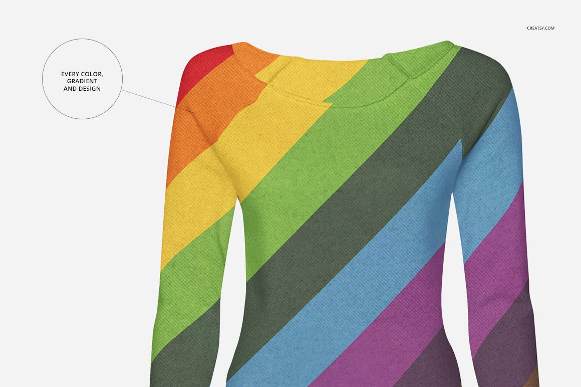 Front view of a women's sweatshirt mockup with diagonal rainbow stripes on a white background, showing long sleeves.
