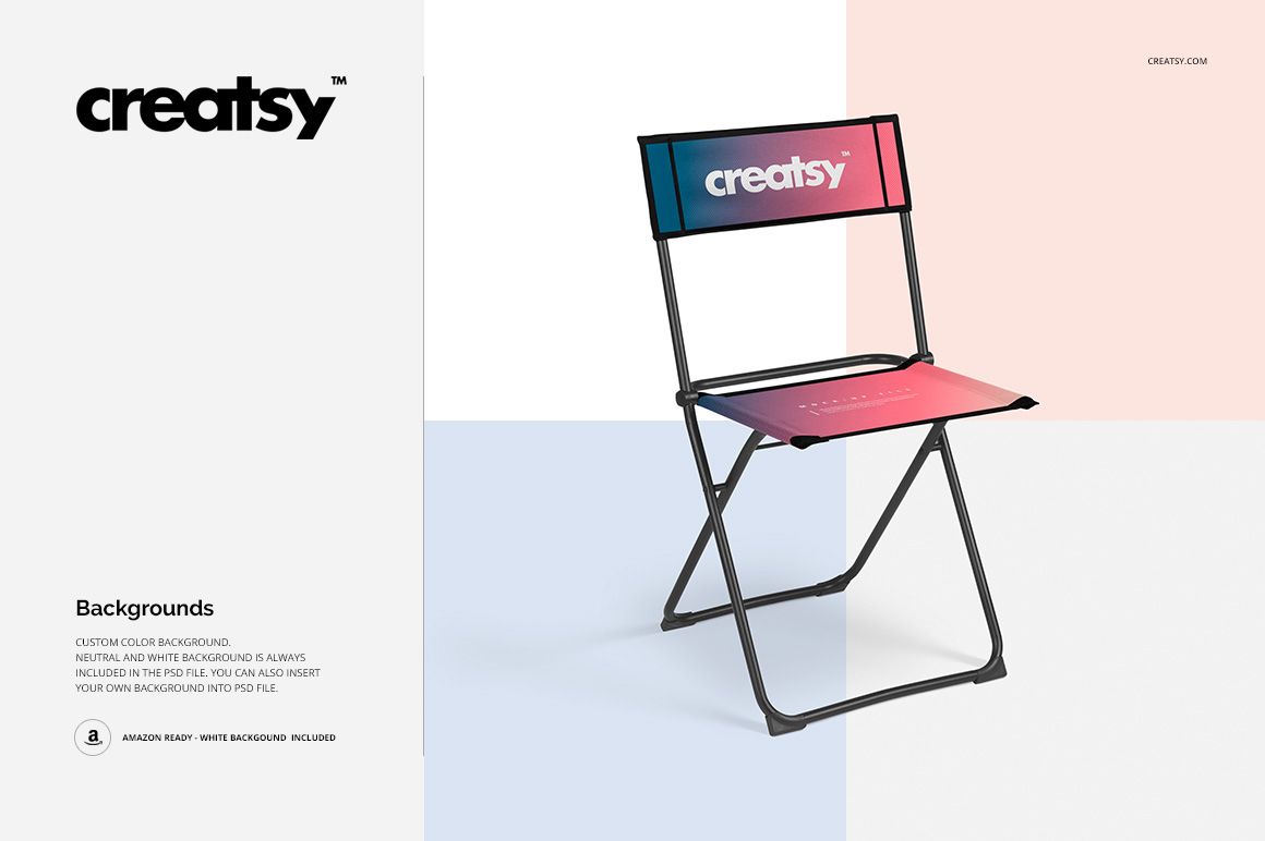 PSD mockup of a folding chair featuring a black metal frame and pink-blue gradient design, displayed in a studio setting.