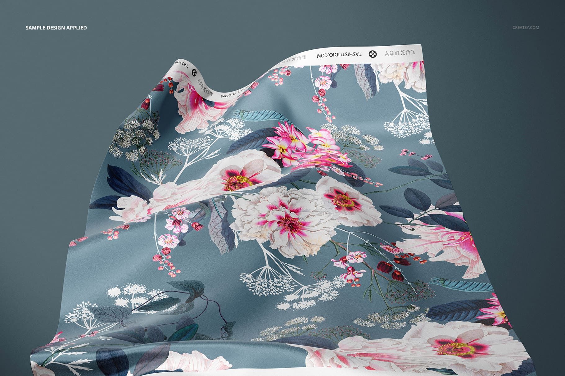 42x70 inch silk swatch mockup featuring a botanical floral design, displayed with realistic fabric folds and texture.