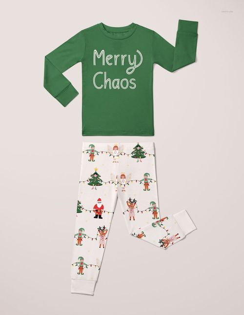 Toddler pajama mockup set with a green long-sleeve top featuring white text and white pants with festive holiday prints.
