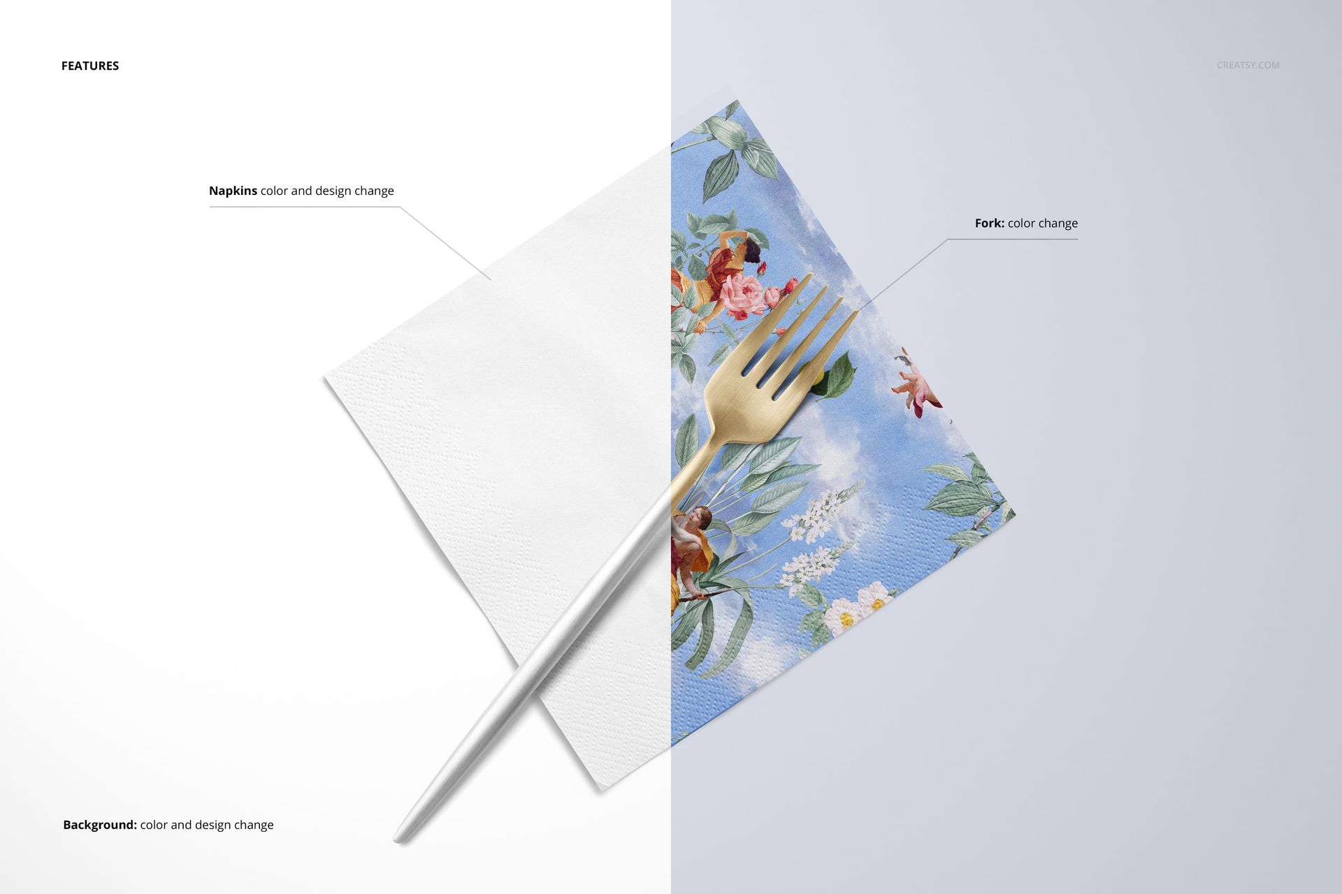 Top-down perspective of a napkin mockup set showing a white napkin and a blue floral napkin with a fork placed diagonally.