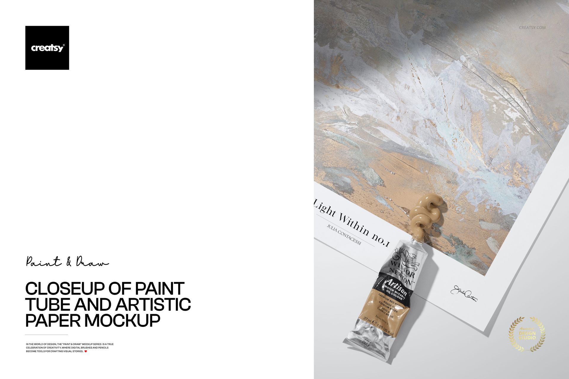 Paint tube and textured art paper mockup shown from an angled top view, featuring neutral and gold tones.