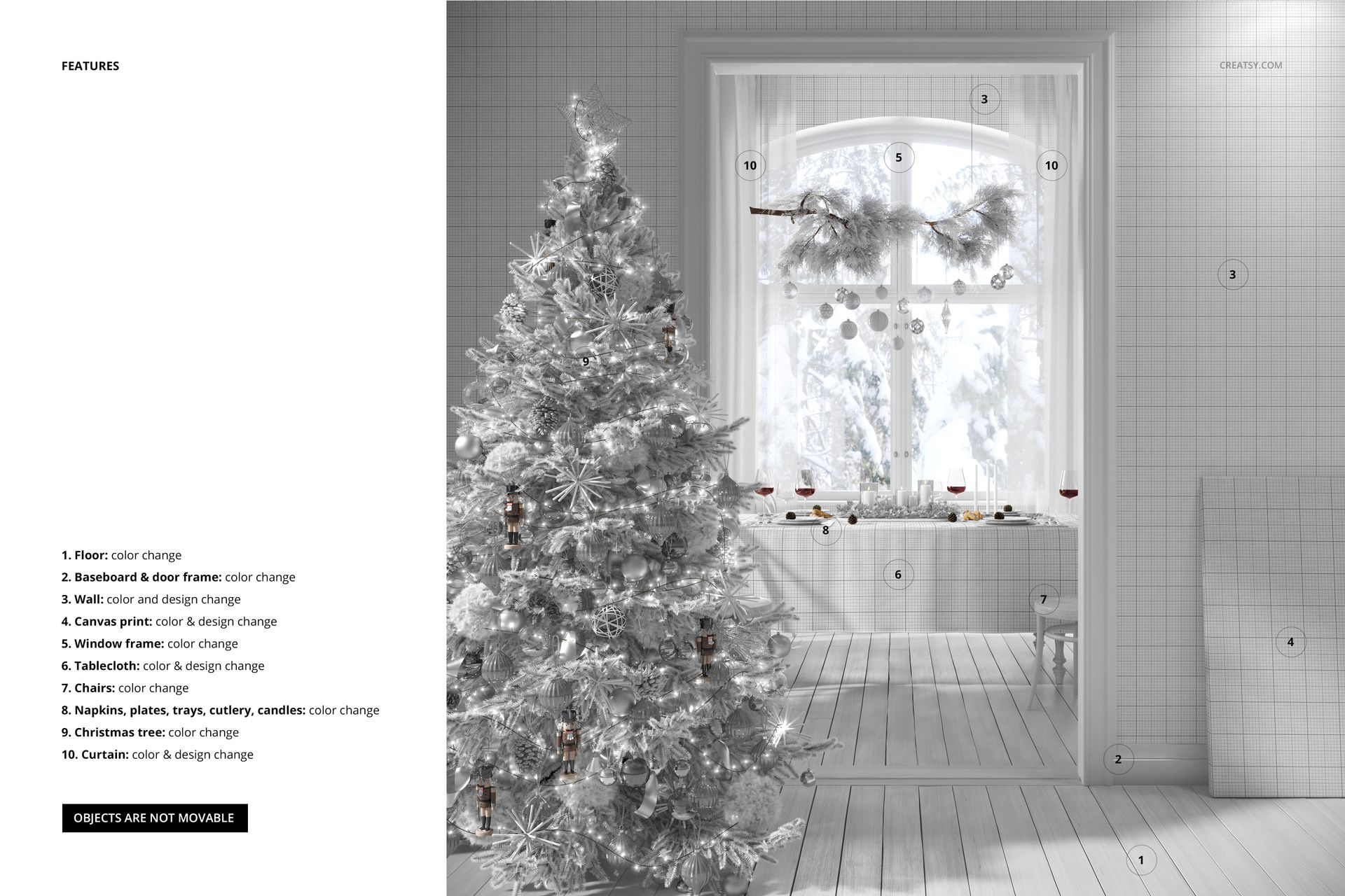 Christmas dining room PSD mockup featuring a decorated tree, holiday tableware, and snow-covered window in soft tones.