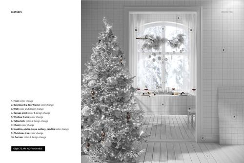 Christmas dining room PSD mockup featuring a decorated tree, holiday tableware, and snow-covered window in soft tones.