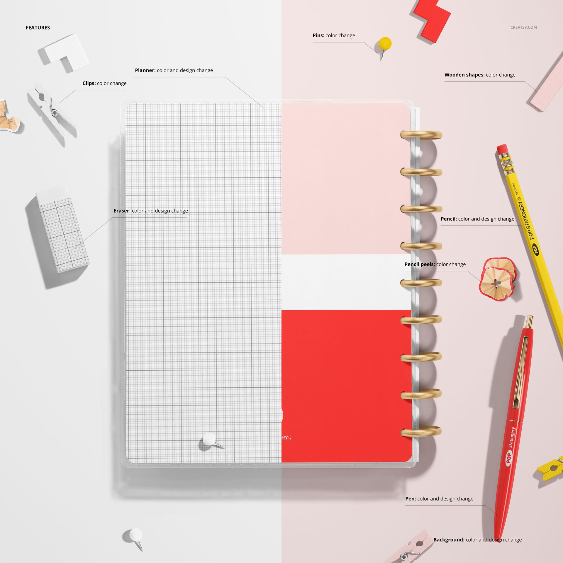 Back view of a spiral planner mockup with customizable cover, surrounded by stationery items on a split background.