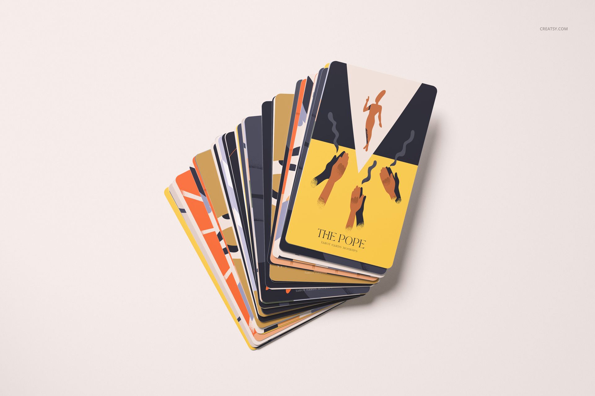 Tarot cards mockup set with modern illustrations and varied color palettes, displayed in a spread on a pale tabletop.