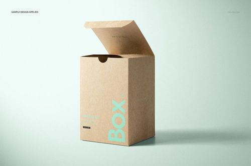 Kraft tuck top gift box mockup shown from the front, with open flap and minimal turquoise lettering on the box.
