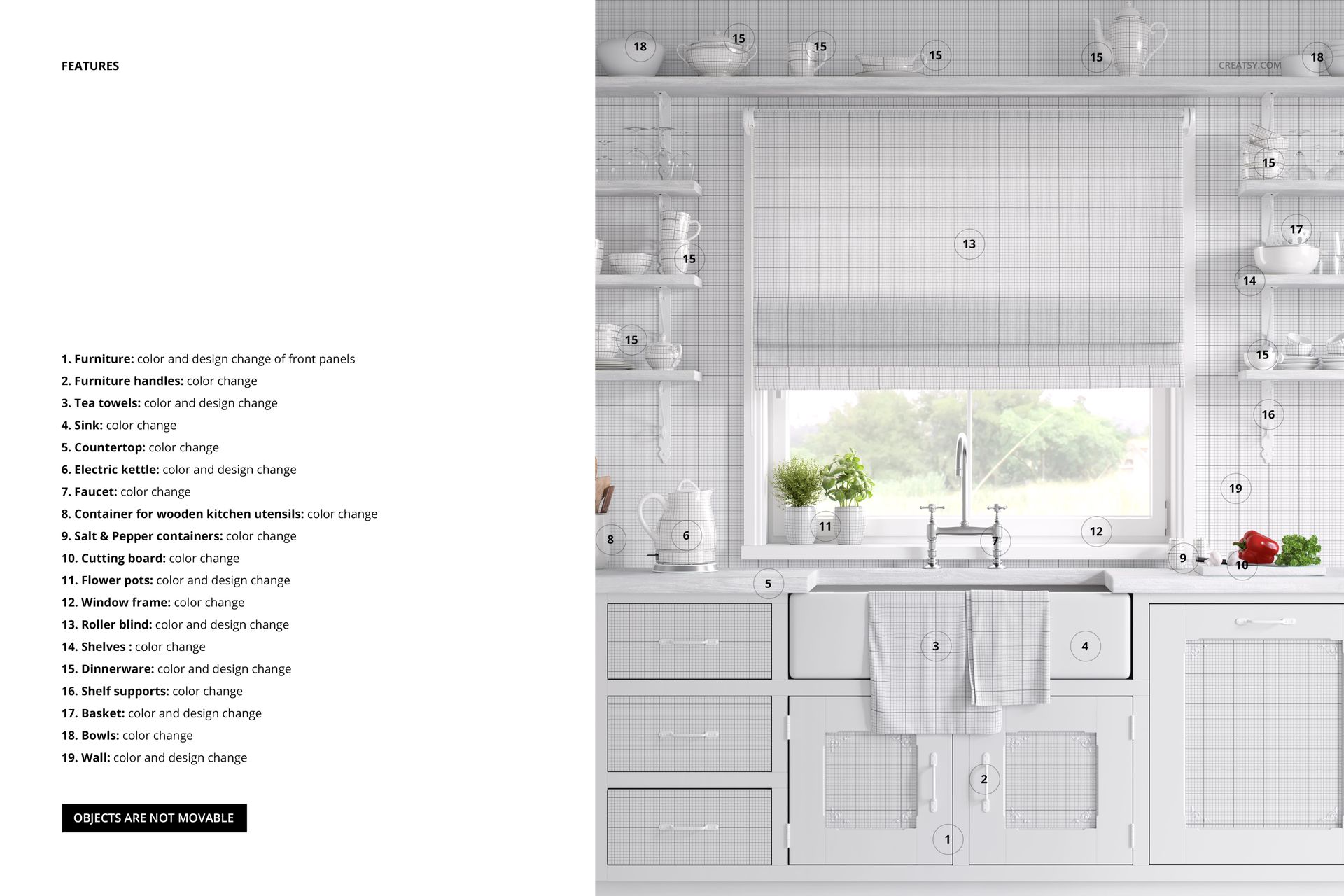 Provence style kitchen mockup featuring white cabinets, open shelves, and a window with greenery outside.