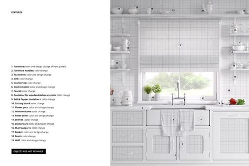 Provence style kitchen mockup featuring white cabinets, open shelves, and a window with greenery outside.