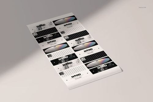 Rectangular sticker mockup set displayed on a light surface, showing varied black, white, and rainbow-toned graphics.