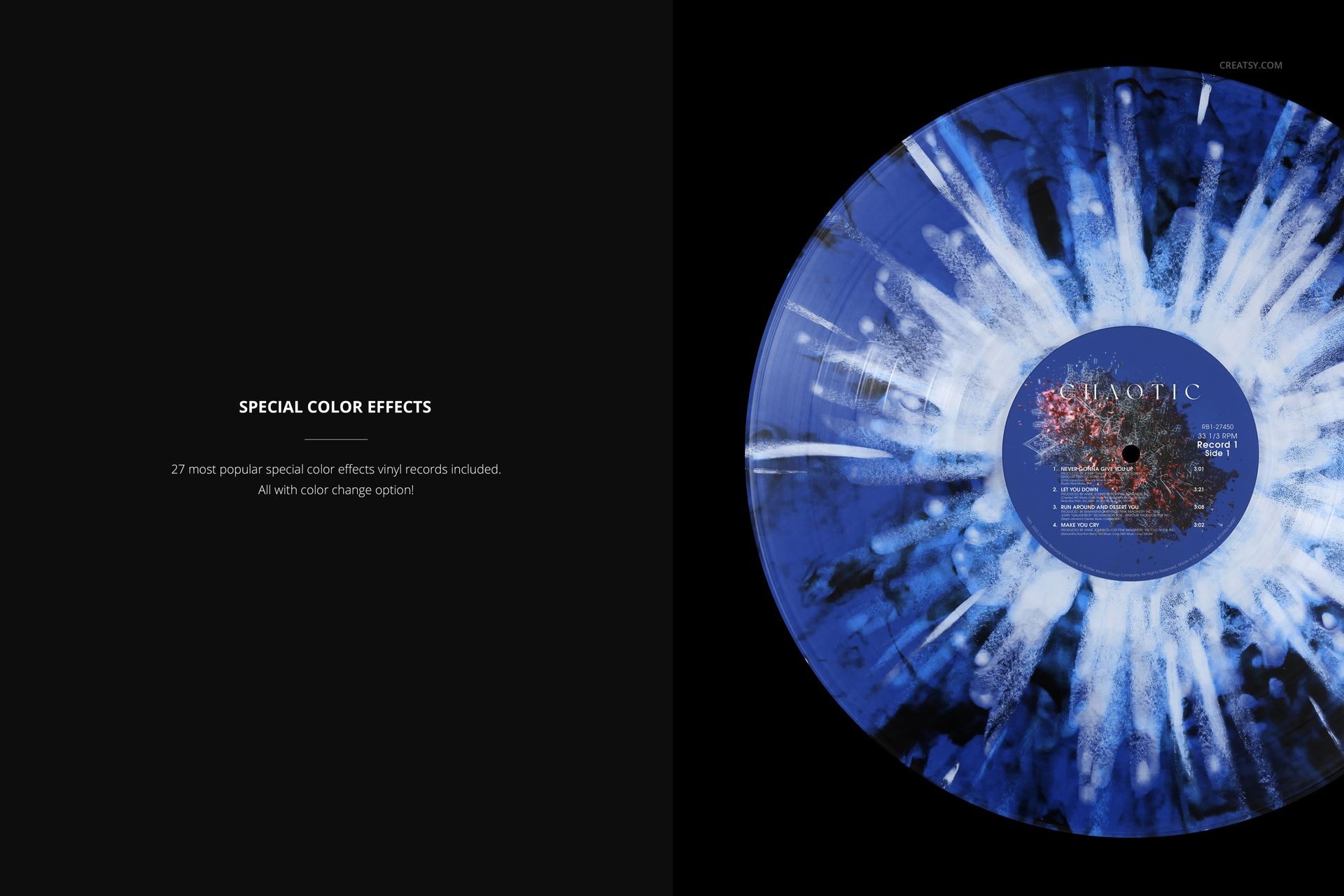 Top view of a colored vinyl record with blue and white splatter pattern, shown on a black background. Music mockup.